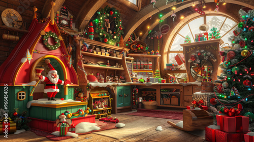 Santa's Workshop: A playful and whimsical background featuring Santa Claus's workshop with toy-making elves, colorful toys, and festive decorations.