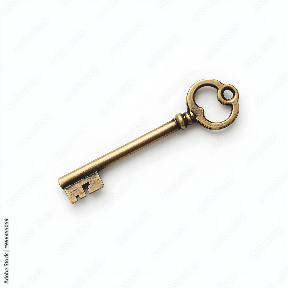 Classic brass skeleton key with a circular head and simple design, symbolizing unlocking, tradition, and security, isolated on a white background Classic brass skeleton key with a circular head and simple design, symbolizing unlocking, tradition, and security, isolated on a white background