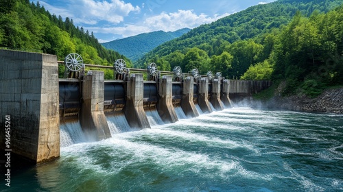 A hydroelectric dam harnessing water flow, surrounded by lush green hills under a bright blue sky.