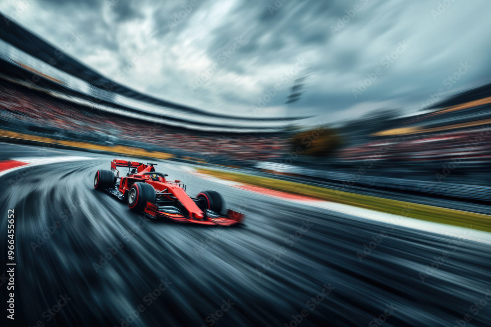 Obraz premium Wide shot dynamic shot of driver racing red formula one car on winding racetrack. Grandstands in background blur of motion.
