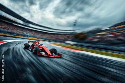 Wide shot dynamic shot of driver racing red formula one car on winding racetrack. Grandstands in background blur of motion. photo