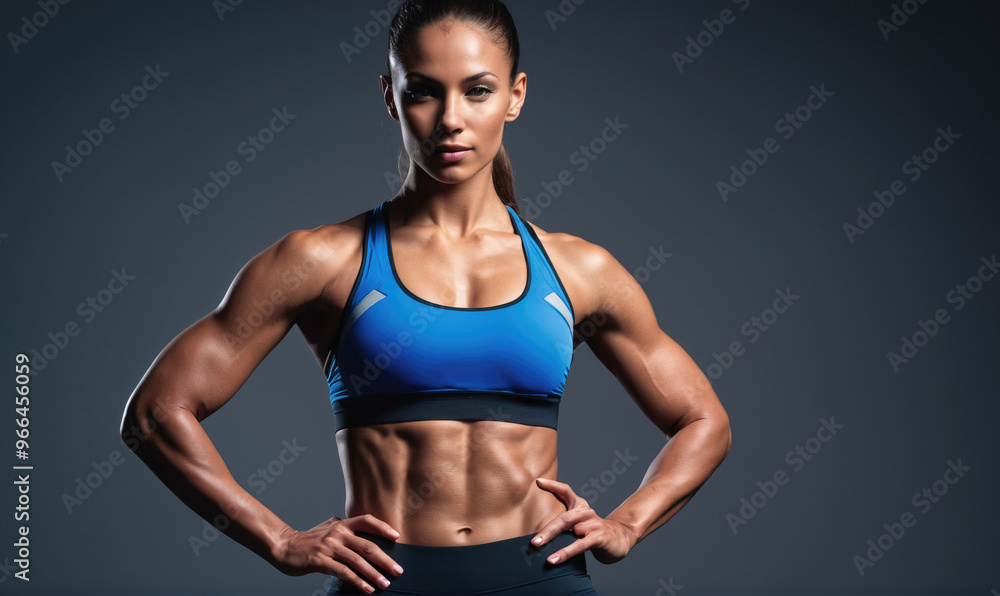 A woman with defined abs poses in a blue sports bra and black pants against a gray background A woman with defined abs poses in a blue sports bra and black pants against a gray background