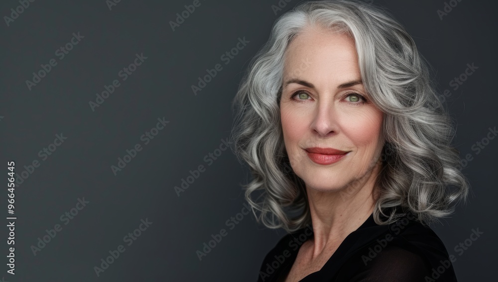 Naklejka premium Older woman with silver grey hair, Mature senior model woman smiling for spa beauty and skincare in studio quiet confidence against a isolated backdrop. Copy space