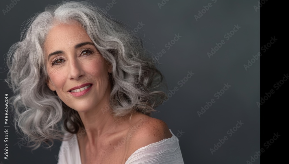 Older woman with silver grey hair, Mature senior model woman smiling for spa beauty and skincare in studio quiet confidence against a isolated backdrop. Copy space Older woman with silver grey hair, Mature senior model woman smiling for spa beauty and skincare in studio quiet confidence against a isolated backdrop. Copy space