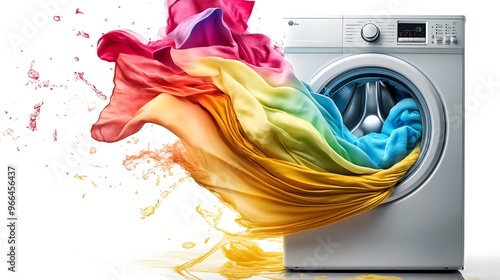 A washing machine with colorful fabrics dramatically bursting out of it, set against a stark white background. The fabrics, depicted in abstract, flowing patterns.