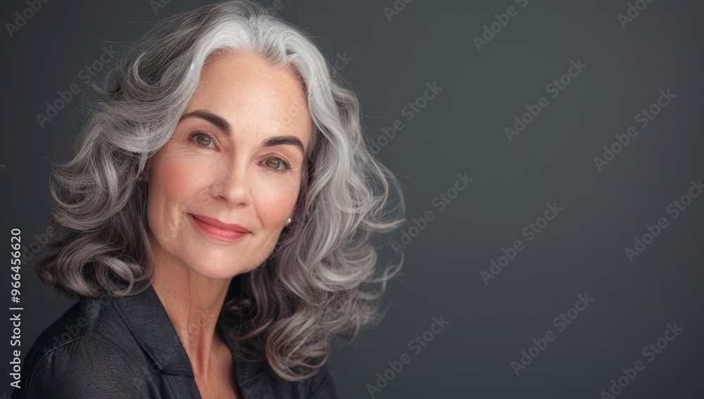 Older woman with silver grey hair, Mature senior model woman smiling for spa beauty and skincare in studio quiet confidence against a isolated backdrop. Copy space Older woman with silver grey hair, Mature senior model woman smiling for spa beauty and skincare in studio quiet confidence against a isolated backdrop. Copy space