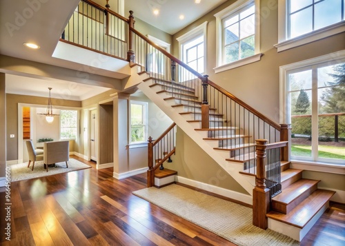 Modern suburban home featuring a beautifully lit staircase with wooden banisters  surrounded by cream-colored walls and large windows allowing natural light to filter through.