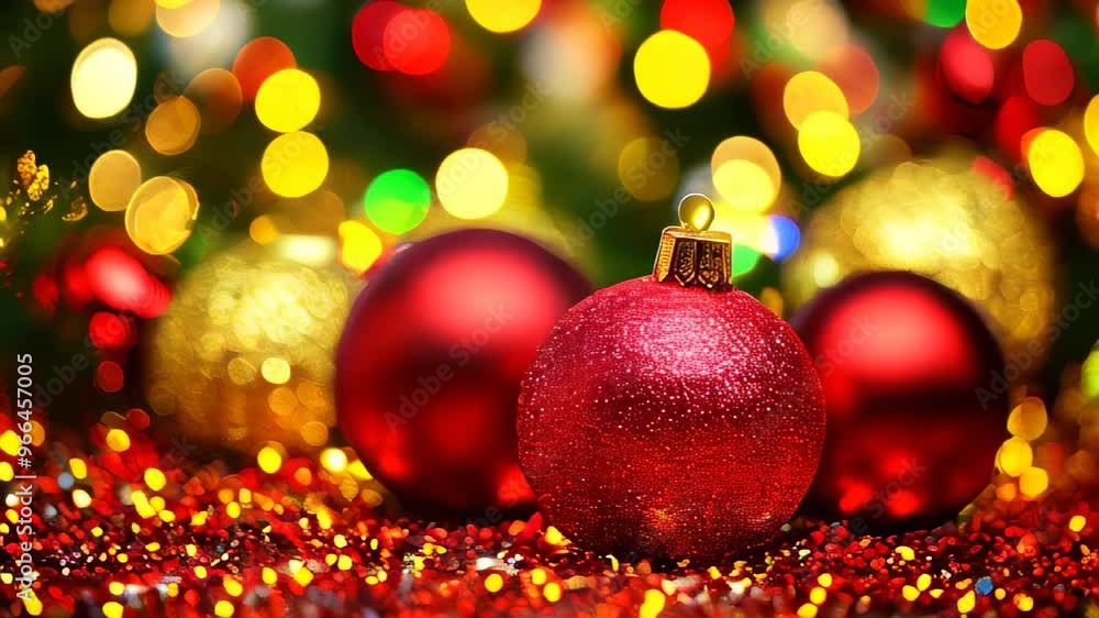Decorative red Christmas ornaments with sparkling lights and festive decorations displayed on a holiday table during winter festivities Decorative red Christmas ornaments with sparkling lights and festive decorations displayed on a holiday table during winter festivities