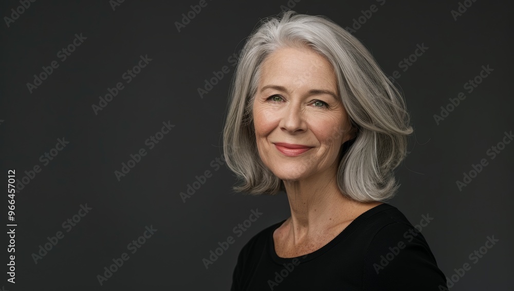 Older woman with silver grey hair, Mature senior model woman smiling for spa beauty and skincare in studio quiet confidence against a isolated backdrop. Copy space Older woman with silver grey hair, Mature senior model woman smiling for spa beauty and skincare in studio quiet confidence against a isolated backdrop. Copy space