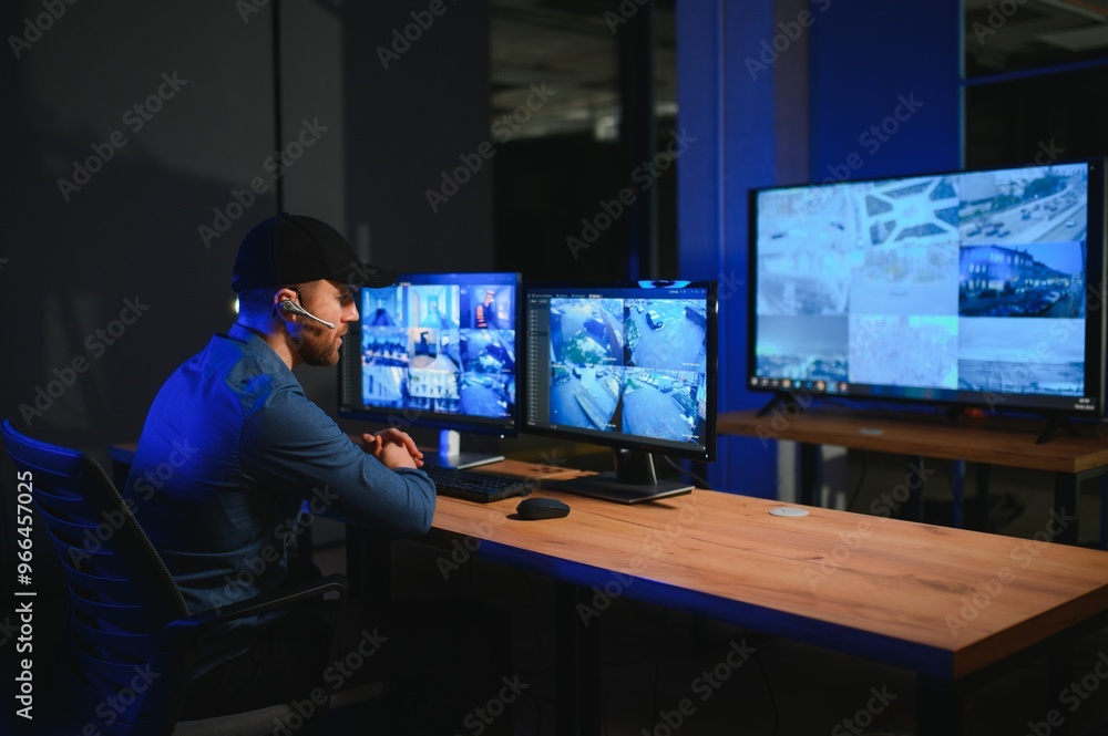 Security operator controls CCTV cameras in office at night. Modern security system and social safety concept Security operator controls CCTV cameras in office at night. Modern security system and social safety concept