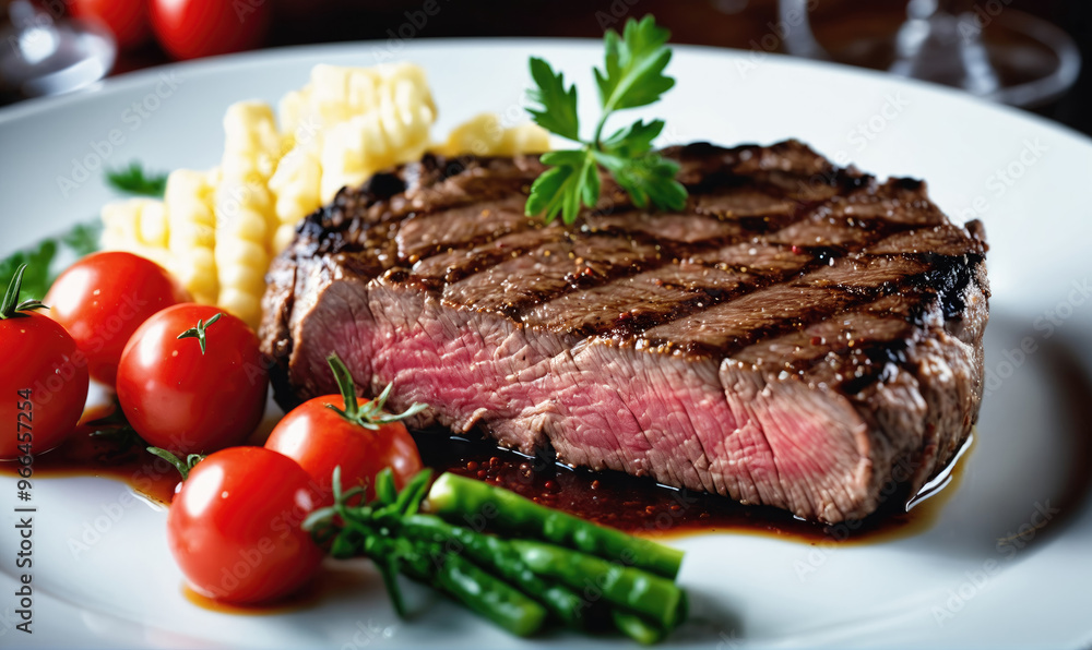 A perfectly cooked steak with grilled marks, served with tomatoes, asparagus, and a side of pasta A perfectly cooked steak with grilled marks, served with tomatoes, asparagus, and a side of pasta