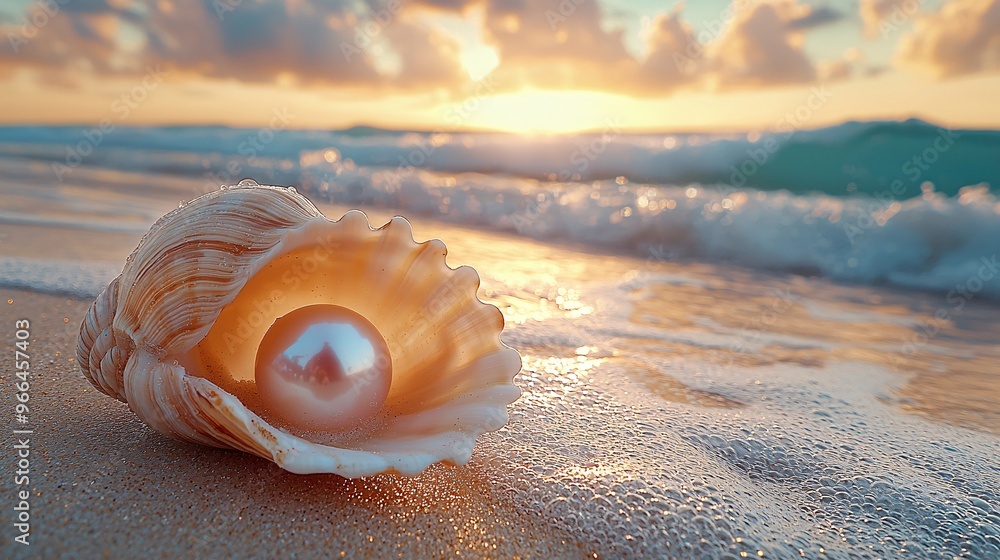 A stunning pearl shell on a sandy beach at dawn A stunning pearl shell on a sandy beach at dawn