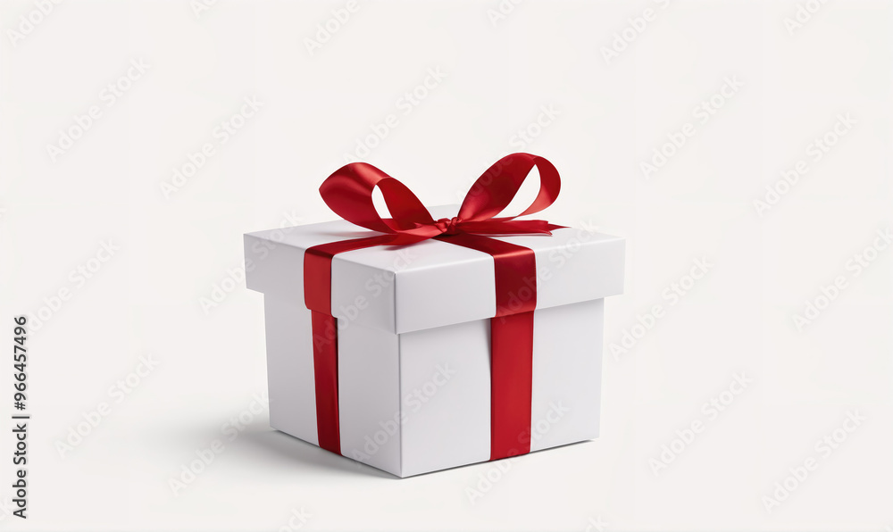 A white gift box with a red ribbon sits on a white surface A white gift box with a red ribbon sits on a white surface
