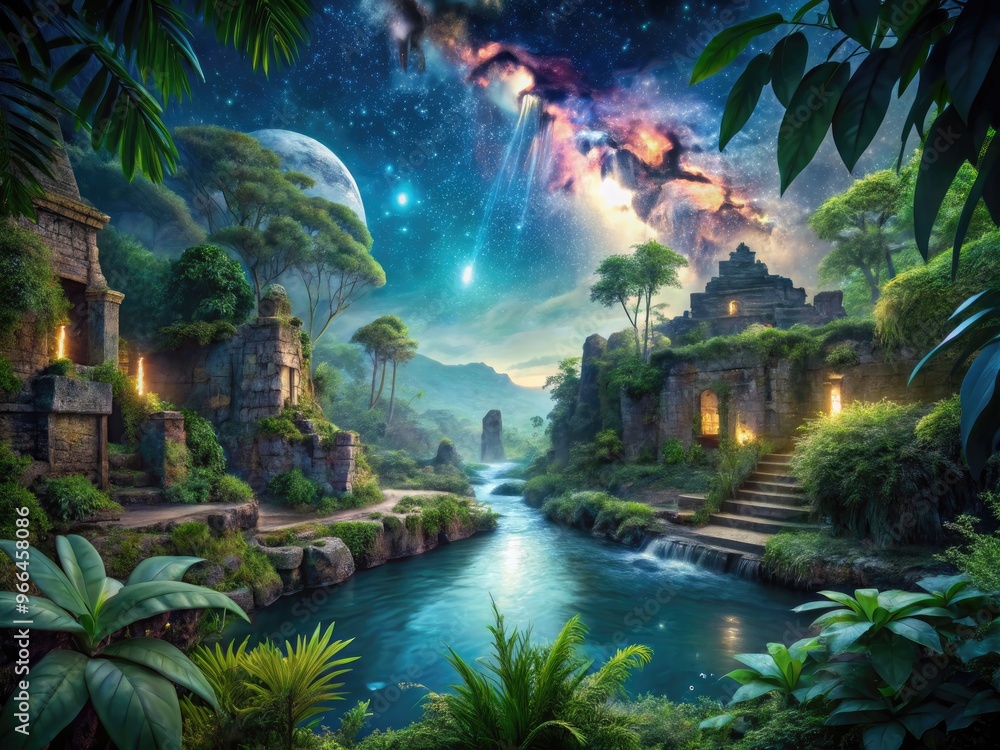 Fototapeta premium Mystical Jungle Scene With Lush Foliage, Ancient Ruins, And A Sparkling River Under A Starry Night Sky