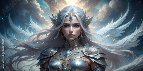 Mystical female figure with flowing silver hair, ornate armor, and glowing blue eyes, standing amidst swirling clouds and misty moonlight, surrounded by ethereal wings.