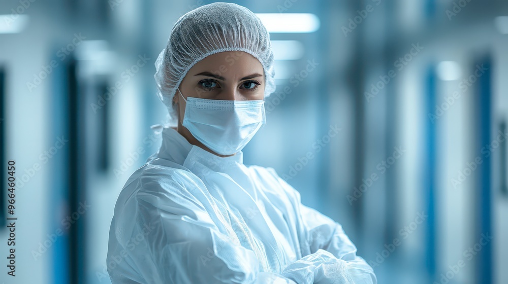 Healthcare professional in protective gear stands confidently in a hallway Healthcare professional in protective gear stands confidently in a hallway