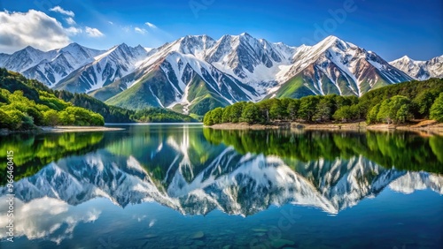 Panoramic View Of Snow-Capped Tateyama Mountain Range Reflecting In Calm Waters Of Lake Mikurigaike In Japan'S Chubu-Sangaku National Park photo