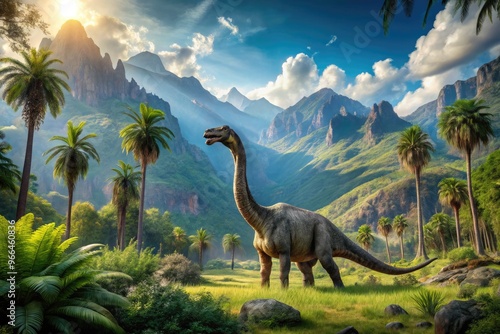 Prehistoric landscape featuring a massive Apatosaurus roaming a lush green valley surrounded by towering trees and majestic volcanic mountains under a clear blue sky. photo