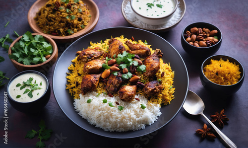 Wallpaper Mural A plate of chicken and rice, garnished with cilantro and almonds, is ready to be enjoyed Torontodigital.ca