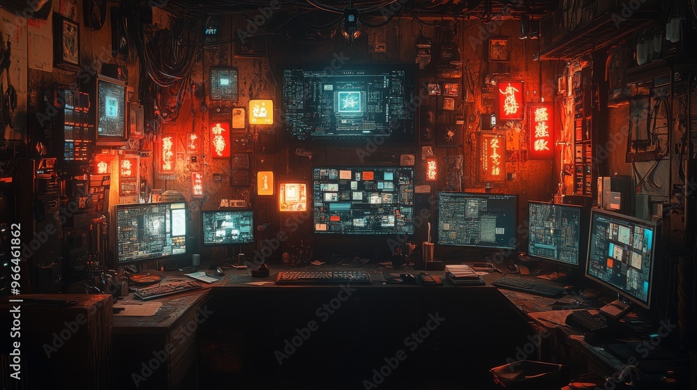 A hacker's workspace filled with screens, gadgets, and neon lights during a late-night session A hacker's workspace filled with screens, gadgets, and neon lights during a late-night session