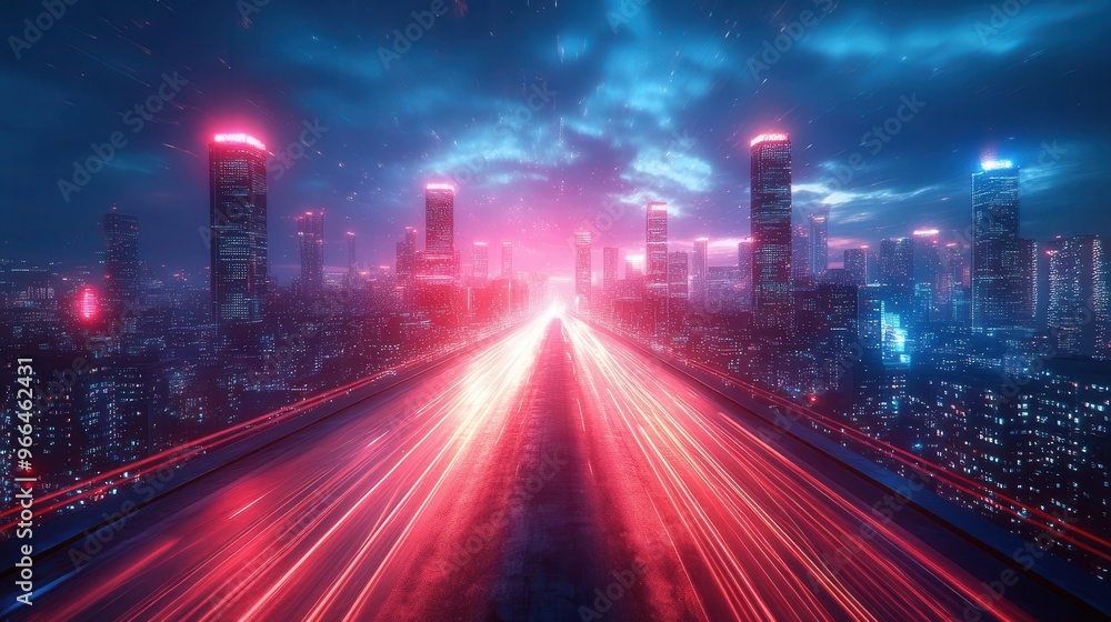 hightech cityscape with neon light trails futuristic skyscrapers dynamic motion blur cyberpunk atmosphere hightech cityscape with neon light trails futuristic skyscrapers dynamic motion blur cyberpunk atmosphere