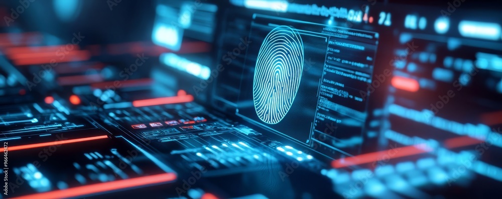 AI fingerprint recognition, holographic digital display, high-tech crime lab AI fingerprint recognition, holographic digital display, high-tech crime lab