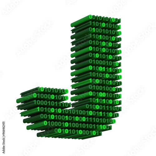 3D isometric letter J font made from binary code digits on transparent background PNG