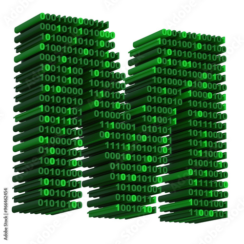 3D isometric letter M font made from binary code digits on transparent background PNG