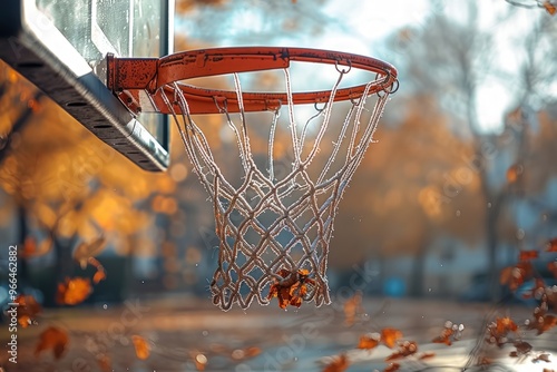 A basketball hoop with a leaf caught in the net, surrounded by autumn leaves.