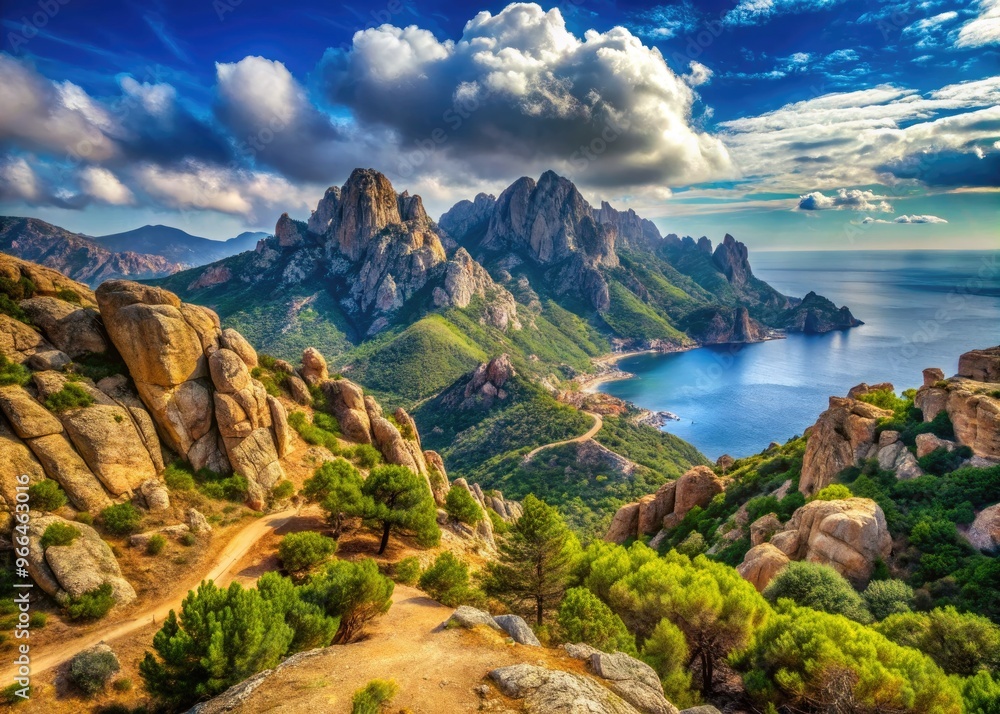 Naklejka premium Rugged mountainous landscape of Corsica, France, featuring granite peaks, ancient forests, and turquoise Mediterranean Sea coastline with scenic hiking trails and rustic villages.