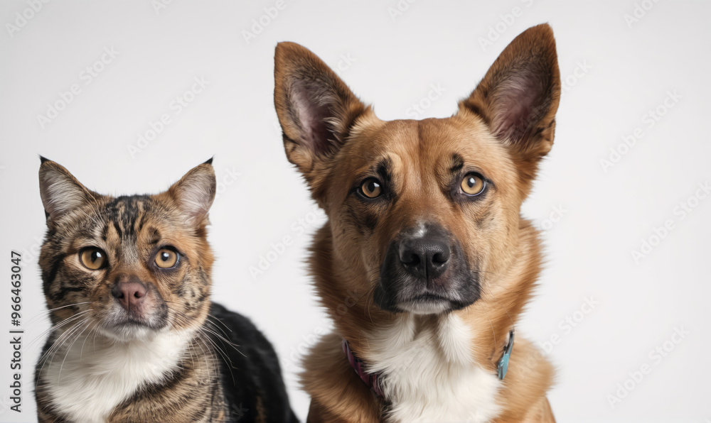A cat and a dog look directly at the camera, their faces close together A cat and a dog look directly at the camera, their faces close together