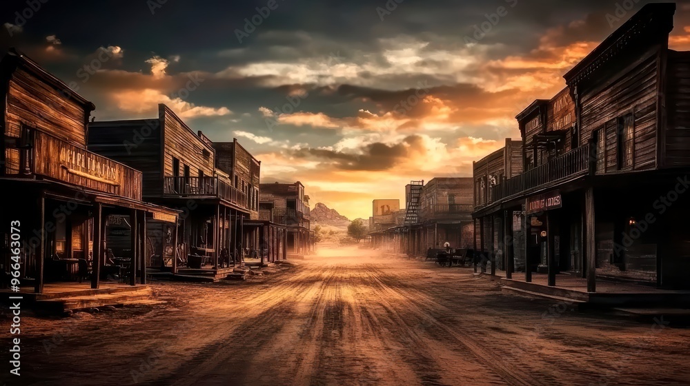 An old western town at sunset with dusty streets and vintage buildings An old western town at sunset with dusty streets and vintage buildings