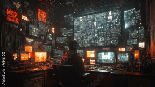 A hacker's workspace filled with monitors and gadgets during an intense coding session at night