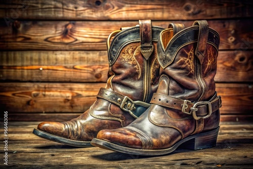 Rugged, worn leather cowboy boots adorned with polished metal spurs rest on a wooden floor, surrounded by hints of a rustic, countryside backdrop.