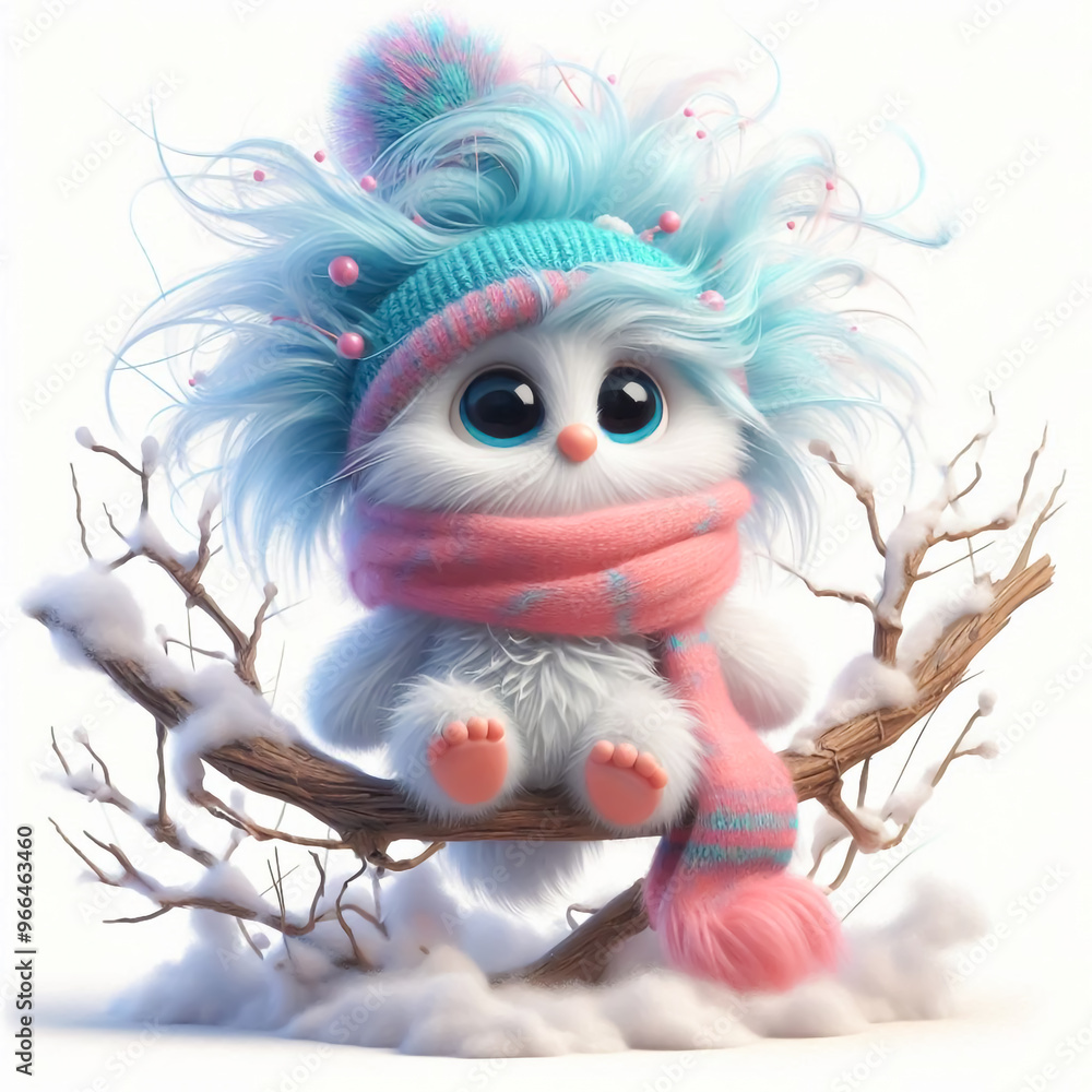 Obraz premium Cute snow little monster illustration in snowy landscape with scarf and wool hat. Christmas Celebration Time