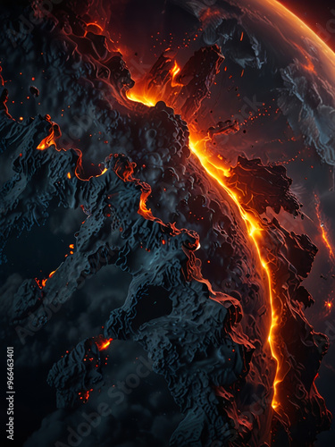 a surreal galactic view of an earthquake and the release of volcanic molten material from between the faults  photo