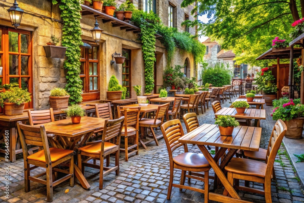 Rustic Outdoor Cafe With Wooden Tables And Chairs Offering A Relaxing Atmosphere In A Charming City Setting Rustic Outdoor Cafe With Wooden Tables And Chairs Offering A Relaxing Atmosphere In A Charming City Setting