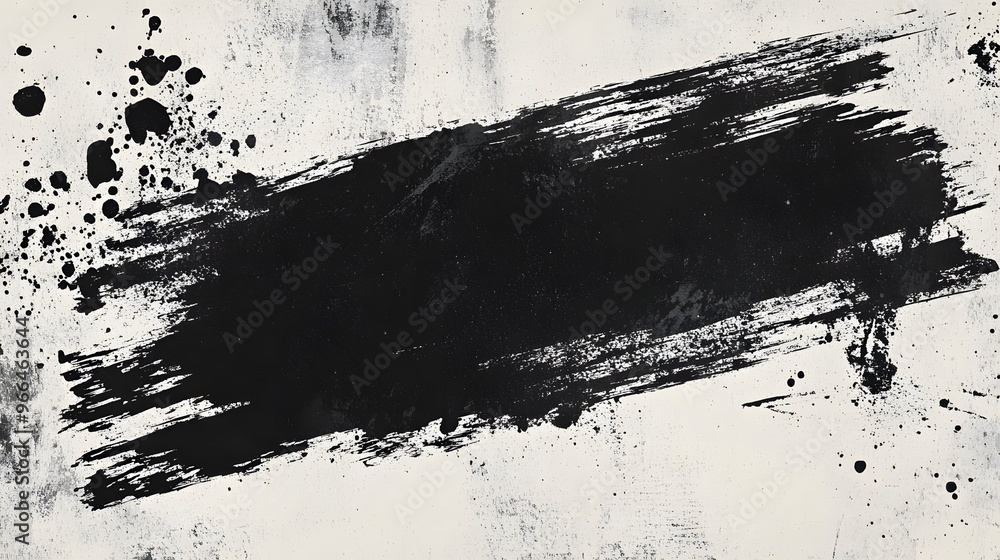 Abstract black brush stroke across a white background with splattered ink spots, creating a minimalist and modern art piece. Abstract black brush stroke across a white background with splattered ink spots, creating a minimalist and modern art piece.