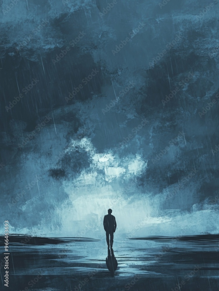 Fototapeta premium A hand-drawn illustration depicts a lonely figure under a rainy sky in shades of blue and gray. A lonely figure that evokes feelings of introspection.