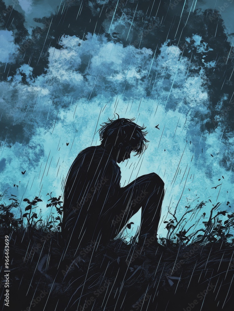 custom made wallpaper toronto digitalA hand-drawn illustration depicts a lonely figure under a rainy sky in shades of blue and gray. A lonely figure that evokes feelings of introspection.