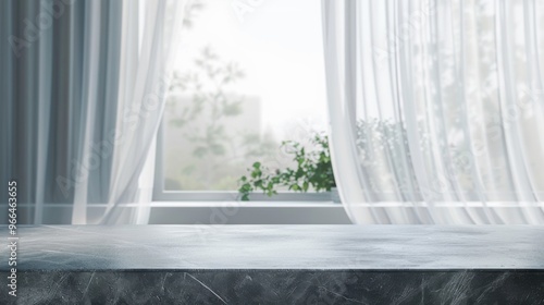Concrete kitchen countertop on window background with curtains for product presentation. Empty tabletop mockup for food advertisement design. Clean podium in home interior.