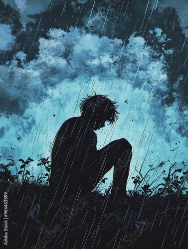 Wallpaper Mural A hand-drawn illustration depicts a lonely figure under a rainy sky in shades of blue and gray. A lonely figure that evokes feelings of introspection. Torontodigital.ca