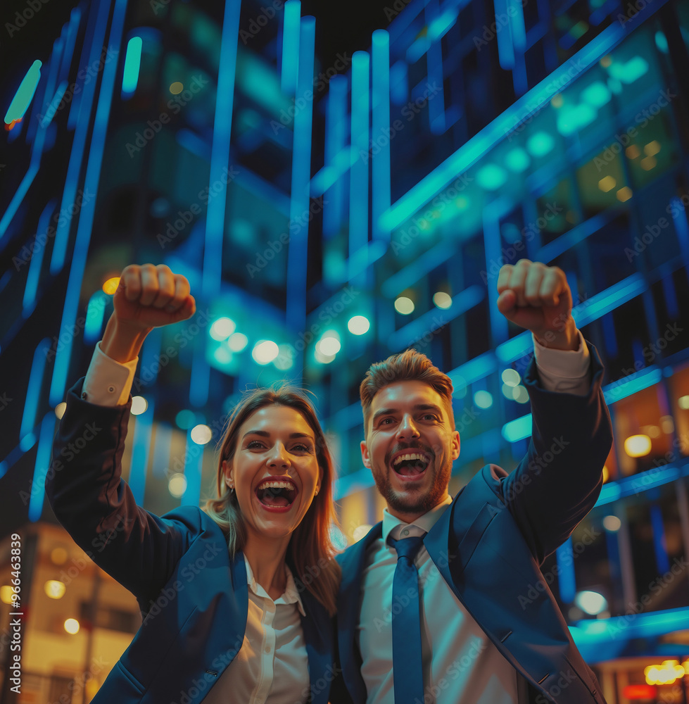 Obraz premium A man and a woman standing in front of a building at night