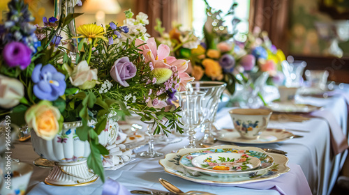 Easter tablescape decoration, floral holiday table decor for family celebration, spring flowers, Easter eggs, Easter bunny and vintage dinnerware, English country and home styling