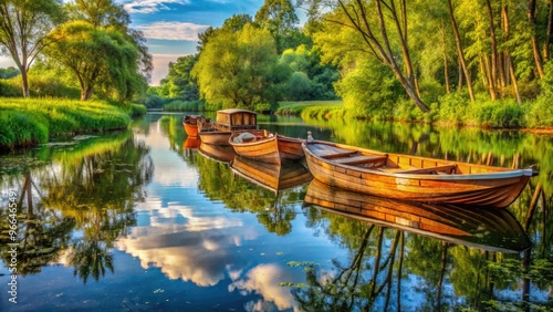 Serenely moored flat-bottom boats with rustic wooden hulls reflected in still waters, surrounded by lush greenery and tranquil atmosphere in a rural wetland setting.