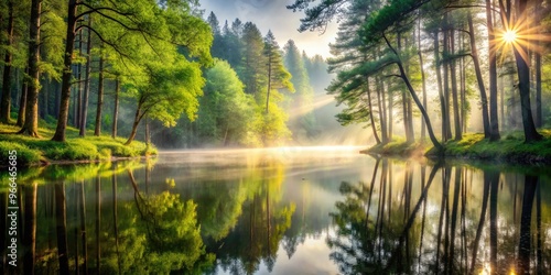 Wallpaper Mural Serene misty forest landscape with towering trees, soft sunlight filtering through foliage, and a tranquil lake reflecting the peaceful atmosphere. Torontodigital.ca