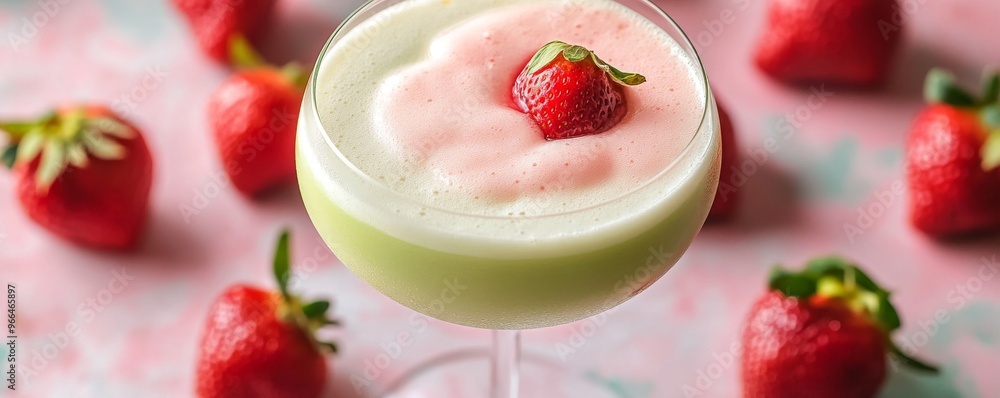 Refreshing spring cocktail with strawberries and mint garnish on pastel surface Refreshing spring cocktail with strawberries and mint garnish on pastel surface