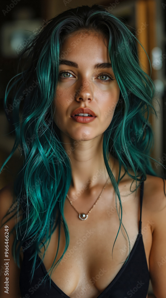 A woman with green hair wearing a black tank top A woman with green hair wearing a black tank top