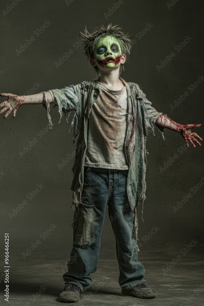A child dressed as a zombie, with green face paint and tattered clothing, striking a dramatic pose. A child dressed as a zombie, with green face paint and tattered clothing, striking a dramatic pose.