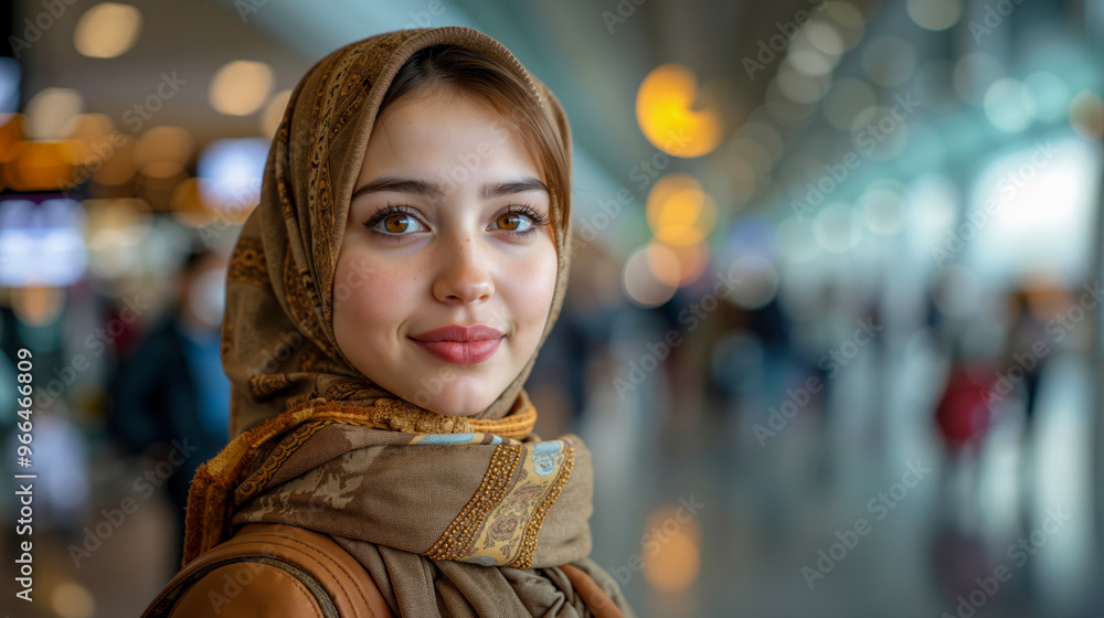A woman wearing a headscarf standing in an airport A woman wearing a headscarf standing in an airport